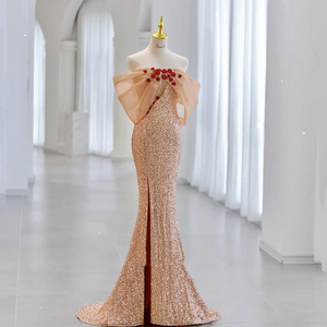 香槟色人鱼裙礼服钉珠模特走秀轻奢一字肩重工敬酒服超仙主持年会