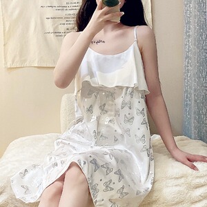 真丝吊带睡衣女夏季新款甜美性感无袖露肩冰丝中长款睡裙家居服薄
