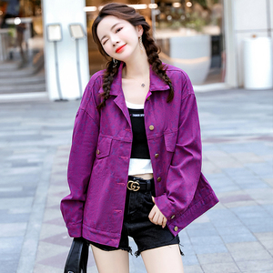 紫色牛仔外套女2021春秋韩版炸街时尚刺绣提花夹克宽松上衣ins潮