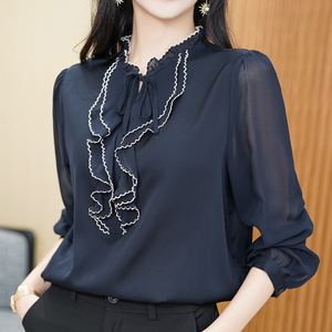 007人付款天猫元杉桑蚕丝衬衫女新款2022年白色真丝长袖上衣重磅撞色