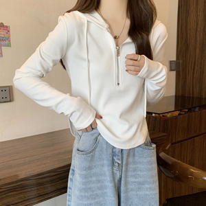 白色连帽卫衣女外套小个子圆弧形下摆长袖t恤春秋款内搭打底上衣