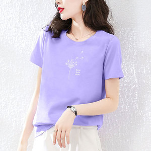 浅紫色舒适纯棉t恤女短袖宽松气质减龄体恤衫夏装2024新款上衣服