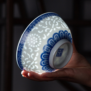 景德镇青花瓷碗家用吃饭碗中式复古高档碗青花玲珑5英寸陶瓷饭碗