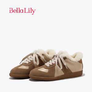 BellaLily春新款复古棕色羊毛德训鞋女加绒平底板鞋保暖休闲鞋子