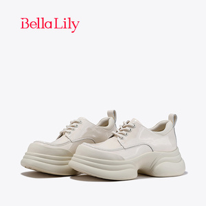 BellaLily2024春季新款增高牛皮单鞋女气质舒适松糕鞋欧美小皮鞋