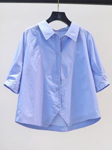 设计感拼接蓝色棉衬衣女宽松中袖衬衫2024夏季时尚小众休闲上衣