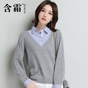 假两件毛衣上衣女士韩版2020年新款衬衣领百搭衬衫领宽松拼接t恤