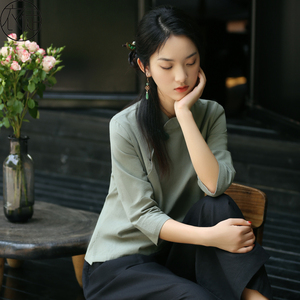 素衣女夏装唐装中国风茶服禅意文艺七分袖茶艺师中式禅服拜佛服装