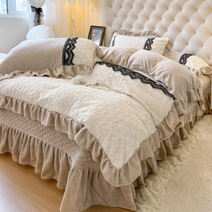 冬季法式床上四件套牛奶珊瑚绒被套床单加绒床盖款冬天法兰绒床品