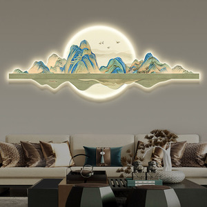 千里江山图客厅墙面装饰画沙发背景墙壁画带灯新中式山水LED挂画