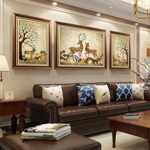 发财鹿装饰画欧式客厅三联画沙发墙面壁画美式大气麋鹿挂画