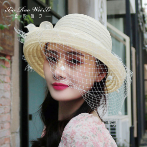 帽子女夏卷边网纱礼帽时尚百搭时装帽花朵面纱遮阳盆帽防晒太阳帽