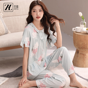 佐雅夏季新品睡衣女梭织纯棉布料短袖薄款家居服套装宽松中年妈妈