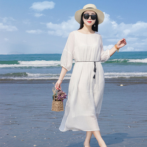 原创夏季海滩裙棉麻女装宽松大码白色连衣裙长款海边度假裙子长袍