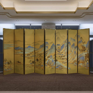 新中式手绘千里江山图山水折叠移动实木屏风漆画客厅隔断背景定制