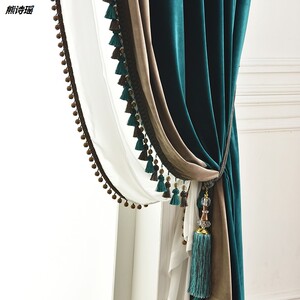 美式轻奢客厅窗帘拼接丝绒布欧式孔雀绿蓝绿卧室厚遮光飘窗落地帘