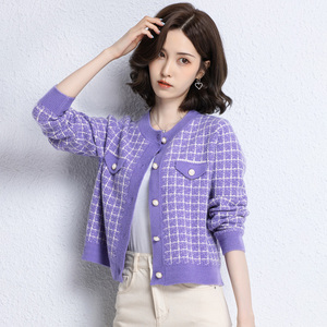 小香风毛衣小外套格子女士秋季紫色短款上衣早秋外搭针织开衫春秋