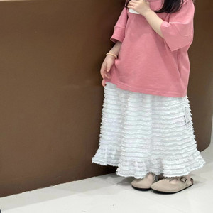 韩国童装潮牌sun粉短袖搭配白色花边仙仙半身裙2024夏洋气女大童