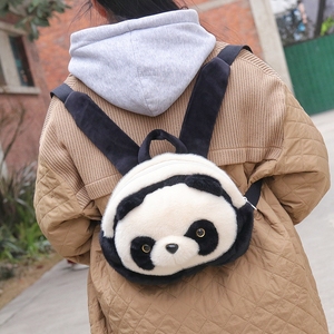仿貂毛熊猫头型双肩包大人儿童零食包幼儿园书包厚毛立体毛绒背包
