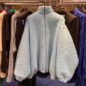balenciaga/巴黎世家 21fw雾霾蓝羊羔毛外套男毛绒大衣女长袖上衣