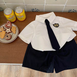 男童夏季套装儿童学院白衬衫幼儿园毕业照礼服女童帅气男宝宝短袖