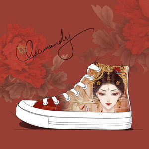 欧莎曼迪武则天国潮涂鸦帆布鞋女复古中国风手绘鞋子时尚高帮板鞋