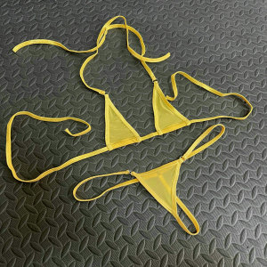 女士网纱透视性感比基尼海滩套装激情内衣迷你系带式泳装衣三点式