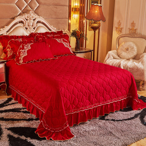 全棉大红色床盖三件套纯棉加厚床单婚庆结婚床裙床罩陪嫁床上用品