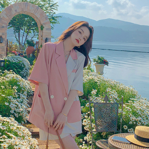 粉色拼接西装套装女夏季薄款2024新款韩版设计小众高级感洋气西服