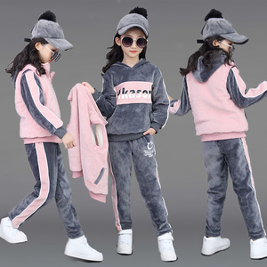 女童冬装套装2019新款洋气大童女孩儿童运动三件套金丝绒加绒