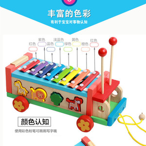 儿童智力早教木质玩具多用途动物拖拉车八音琴卡通手敲琴一件代发