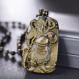 威震八方黑曜石武财神关公项链男士女招财挂坠关羽吊坠项坠金曜石