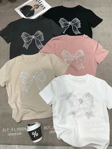 SLF水立坊2024夏季新款时尚显瘦洋气小众烫钻蝴蝶结图案短袖t恤女