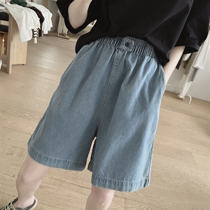 日本代购SLY牛仔阔腿裤女式夏季显瘦高腰简约松紧带沙滩休闲短裤