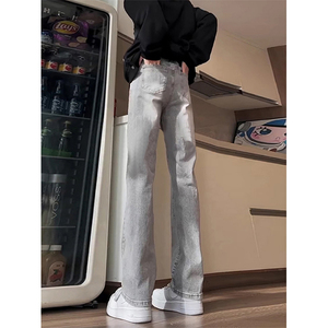 窄版直筒牛仔裤男夏季美式高街vibe微喇加长高个子修身烟灰色裤子