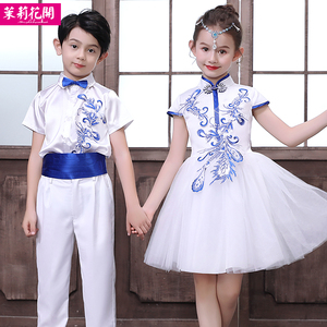 六一儿童演出服中国风青花瓷古筝表演诗歌朗诵中小学生大合唱服装