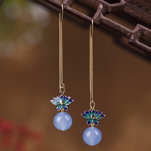 奢华汉服耳坠女古代耳环长款气质古风宫廷超o仙景泰蓝无洞耳夹高