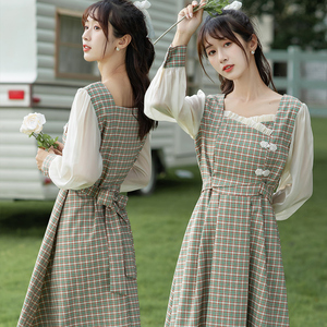 学生闺蜜裙子格纹文艺收腰显瘦森系连衣裙中长款改良复古姐妹装夏