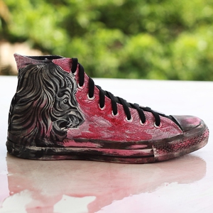 限量欧美街头涂鸦做旧男女高帮帆布鞋 手绘狮子潮炫休闲鞋 酷板鞋