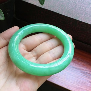 小林家的翡翠 糯种满绿豆种圆条手镯圈口55/56mm满色玉镯子送证书