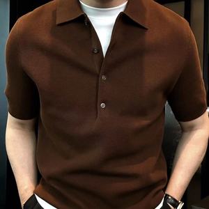 新品欧美套头男士时尚都市高品质纯色简约4粒扣针织短袖Polo衫潮