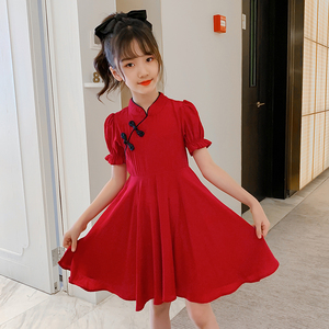 女童连衣裙夏装改良旗袍儿童唐装中国风洋气公主裙小女孩红色裙子