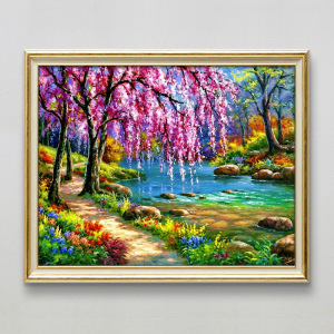 5d满钻石画新现代简单手工点贴钻十字绣装饰河边小溪风景画高端