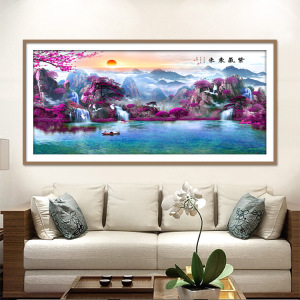 精准印花紫气东来山水风景画客厅大幅纯手工棉线刺十字绣高端简单