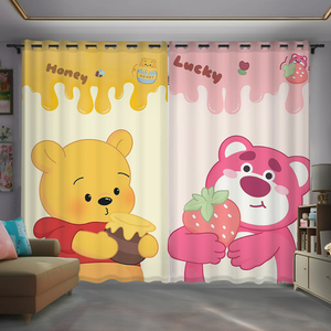 维尼熊窗帘全遮光儿童房卧室飘窗迪士尼卡通可爱草莓熊短帘遮阳布