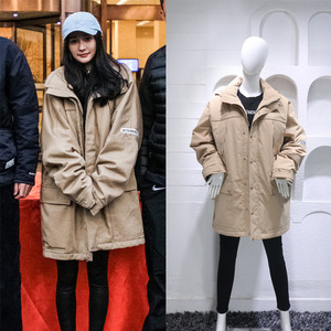 谢谢你医生明星杨幂同款卡其色中长款加厚工装棉服派克大衣服外套