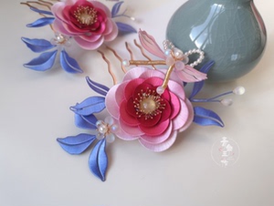 青争手作 原创缠花发簪粉色山茶花  桑蚕丝发饰古风汉服头饰簪子