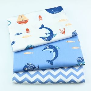 蓝色卡通海洋动物海豚鲸鱼印花布幼儿园宝贝全棉被套床单套件面料