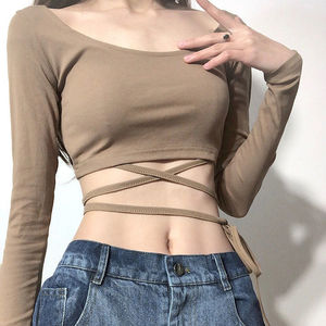 春秋装一字领露肩绑带长袖t恤女修身内搭性感辣妹低胸打底衫上衣