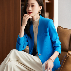 蓝色无领小西装外套女小个子春秋气质名媛小香风修身韩版西服上衣